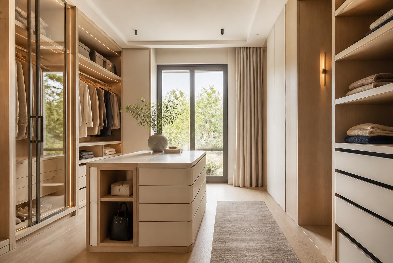 Walk-in closet with island and integrated lighting
