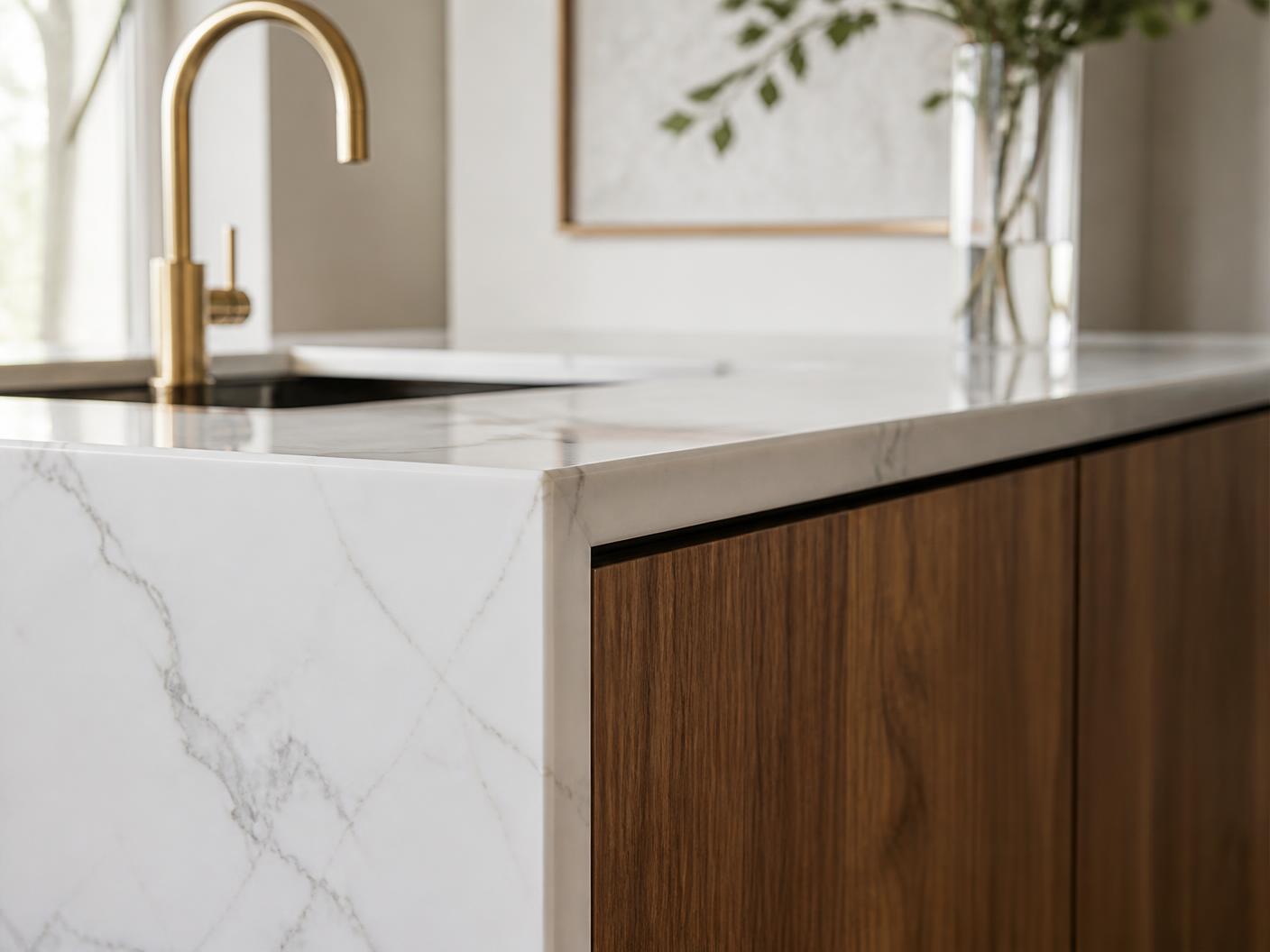 Stone countertop meeting walnut cabinetry